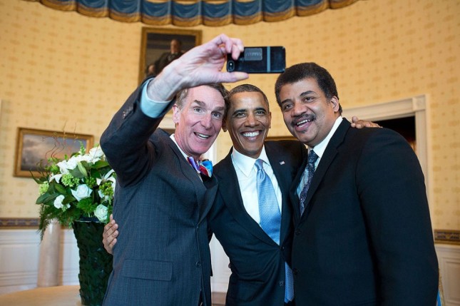 Bill Nye, Barack Obama, and Neil deGrasse Tyson, in a selfie.